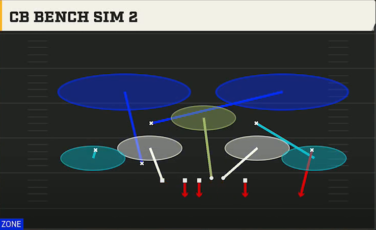 4-2-5 Shell Defense Nickel Load Dbl Mug Cb Bench Sim 2 play diagram