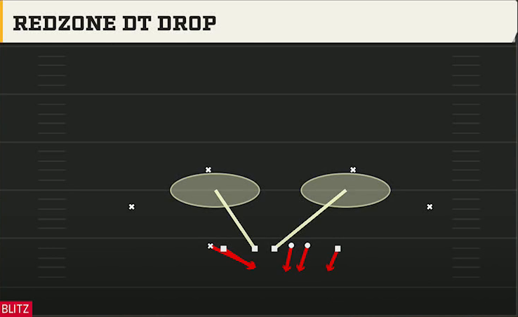 4-2-5 Shell Defense Nickel Load Dbl Mug Redzone DT Drop play diagram