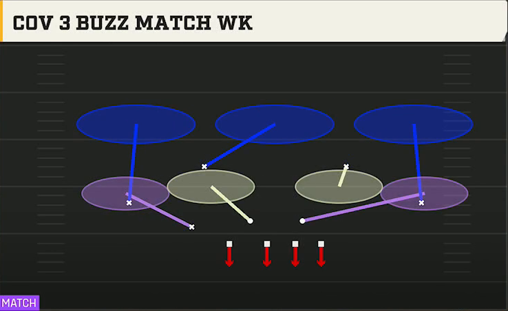 4-2-5 Shell Defense Nickel Over Cov 3 Buzz Match Wk play diagram