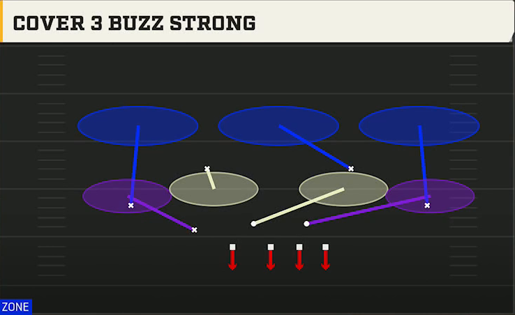 4-2-5 Zone Defense Nickel Over Cover 3 Buzz Strong play diagram