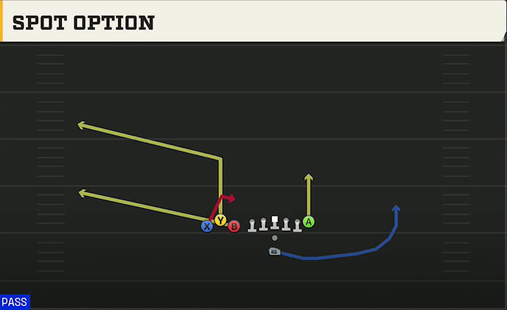 Washington State Offense Pistol Bunch TE Spot Option play diagram