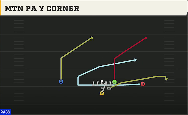 Cincinnati Offense Pistol Strong Mtn PA Y Corner play diagram