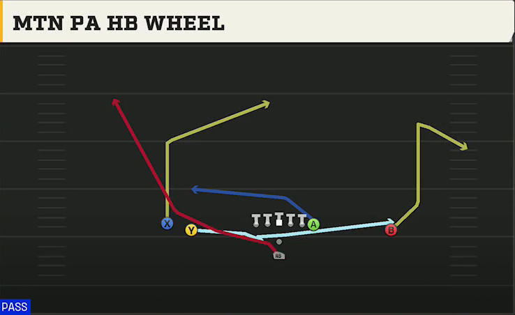 Cincinnati Offense Pistol Weak Slot Mtn PA HB Wheel play diagram