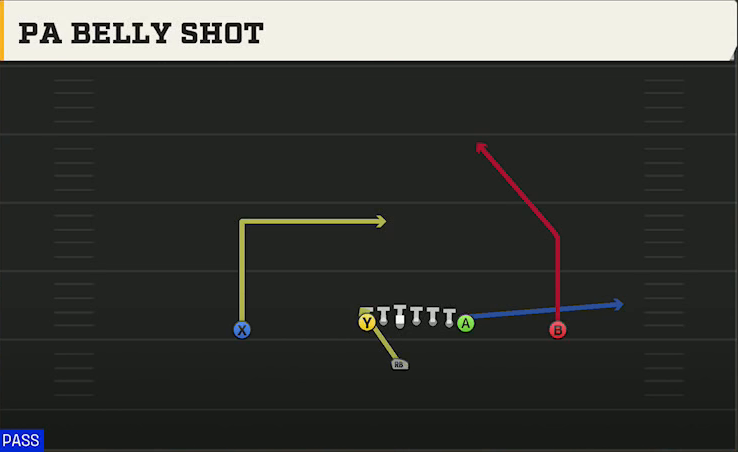Pro Style (Alternate Offense) Singleback Ace Overload PA Belly Shot play diagram