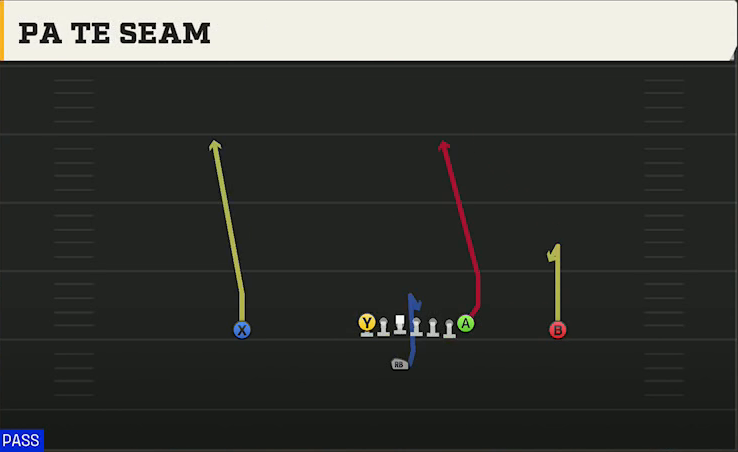 Pro Style (Alternate Offense) Singleback Ace Overload PA TE Seam play diagram