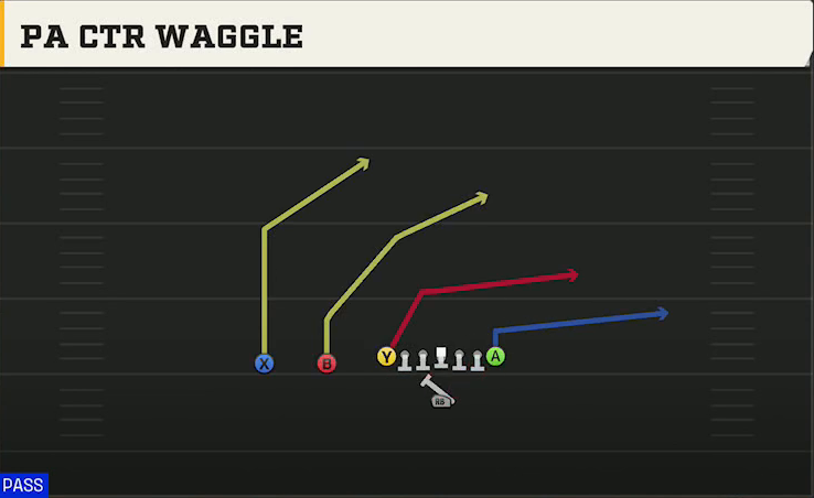 Washington Offense Singleback Ace Slot PA Ctr Waggle play diagram