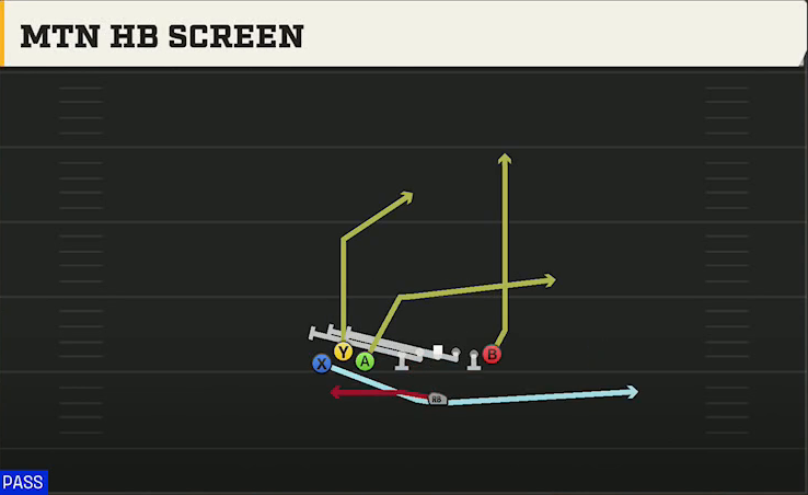 Cal Offense Singleback Bunch TE Mtn HB Screen play diagram
