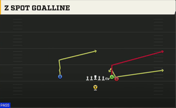 Duke Offense Singleback Bunch Z Spot Goalline play diagram