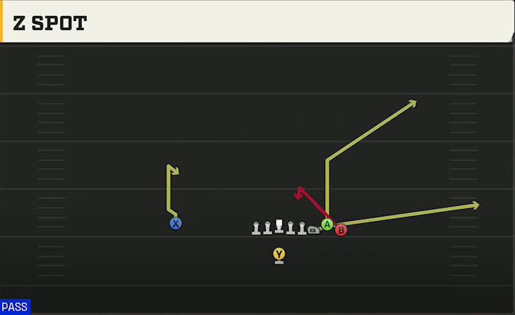 Pro Style (Alternate Offense) Singleback Bunch Z Spot play diagram