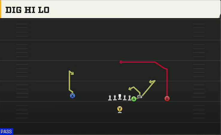 Buffalo Offense Singleback East Dig Hi Lo play diagram