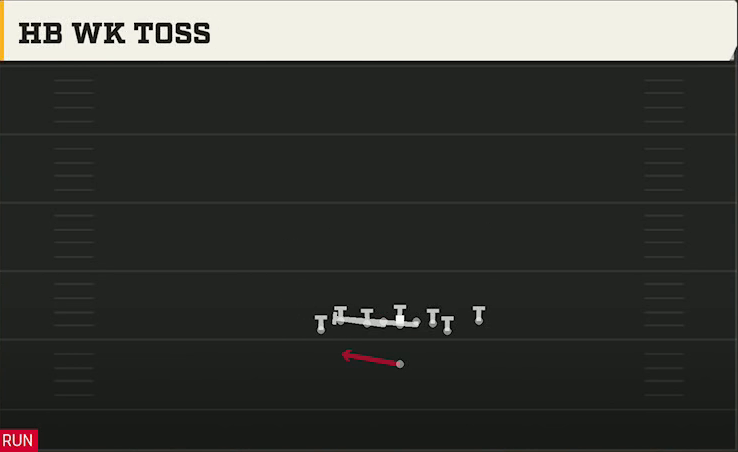Alabama Offense Singleback Tight Y Off Flex HB Wk Toss play diagram