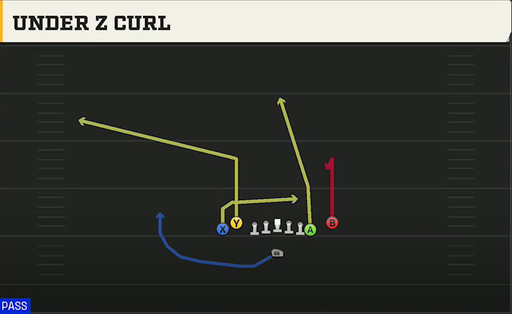 Cal Offense Singleback Tight Y Off Flex Under Z Curl play diagram