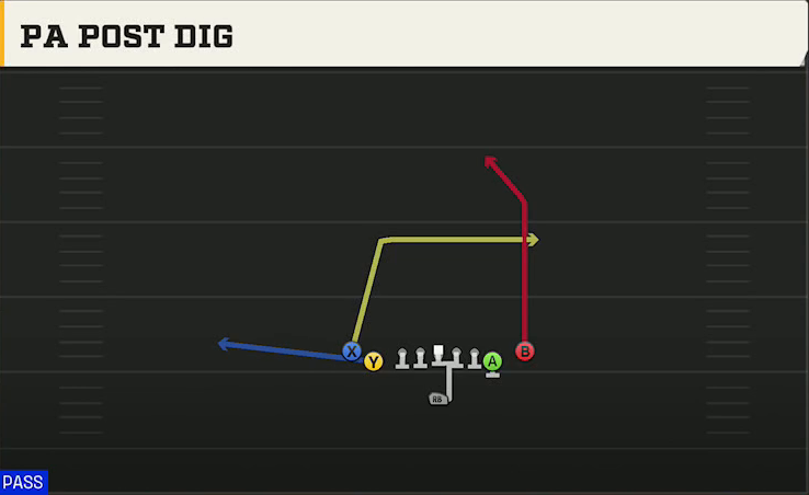 Charlotte Offense Singleback Tight Y Off PA Post Dig play diagram