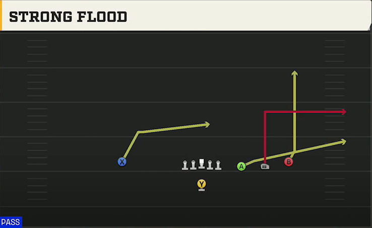 Run & Shoot (Alternate Offense) Singleback Trips Open Strong Flood play diagram