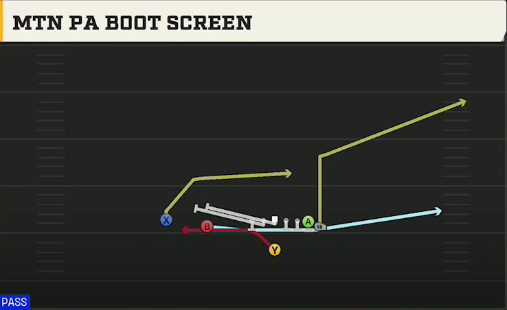 Washington State Offense Singleback Wing Slot Mtn PA Boot Screen play diagram