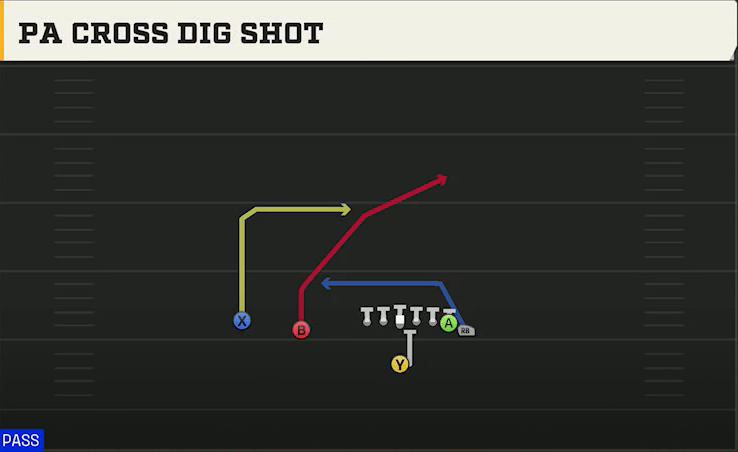 Nebraska Offense Singleback Wing Slot PA Cross Dig Shot play diagram