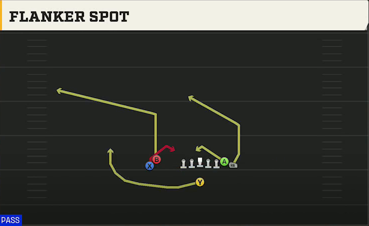 Duke Offense Singleback Wing Stack Flanker Spot play diagram
