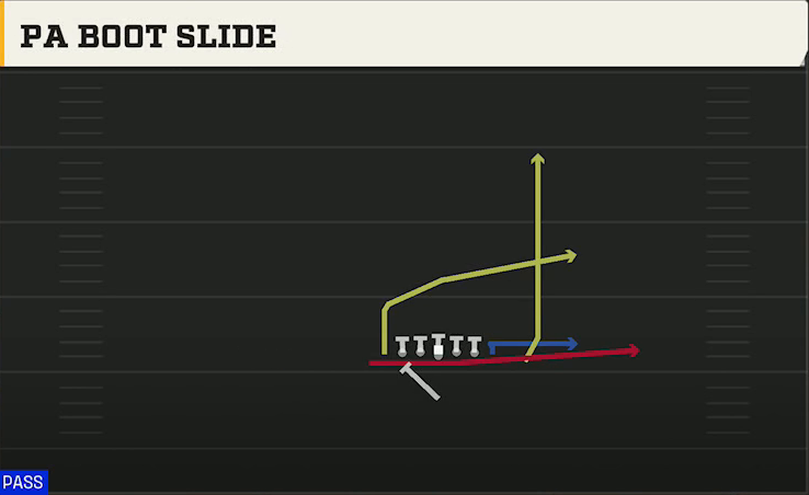 Stanford Offense Singleback Wing Tight Left PA Boot Slide play diagram
