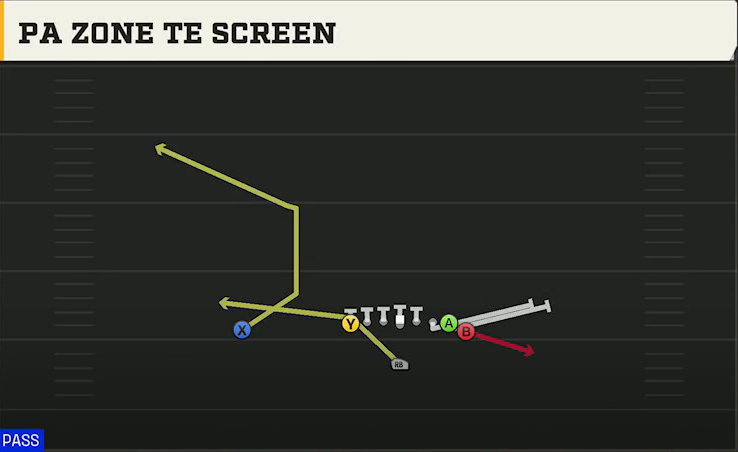 Iowa Offense Singleback Wing Tight PA Zone TE Screen play diagram