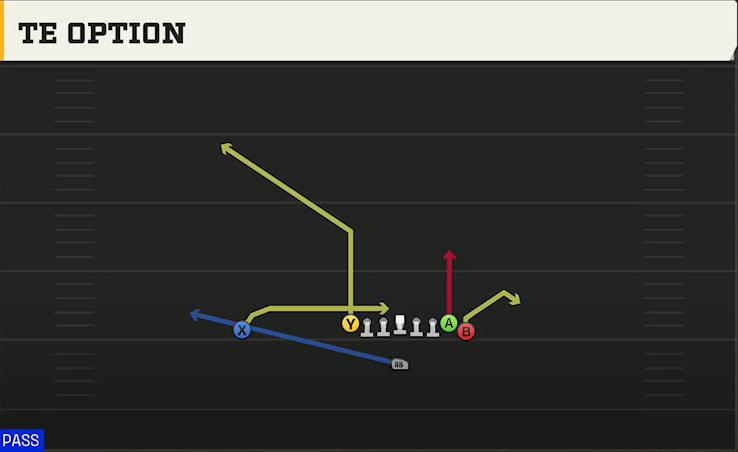 Iowa Offense Singleback Wing Tight TE Option play diagram