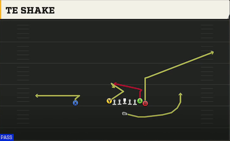 Iowa Offense Singleback Wing Tight TE Shake play diagram