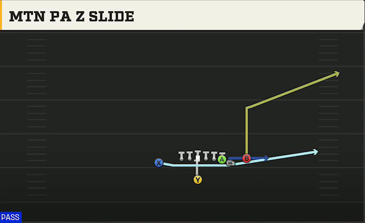 Northwestern Offense Singleback Wing X Off Close Mtn PA Z Slide play diagram