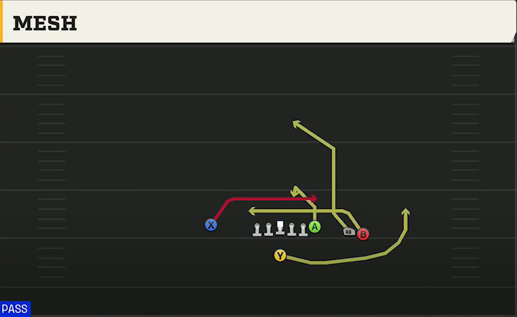 UMass Offense Singleback Y Trips Close Mesh play diagram