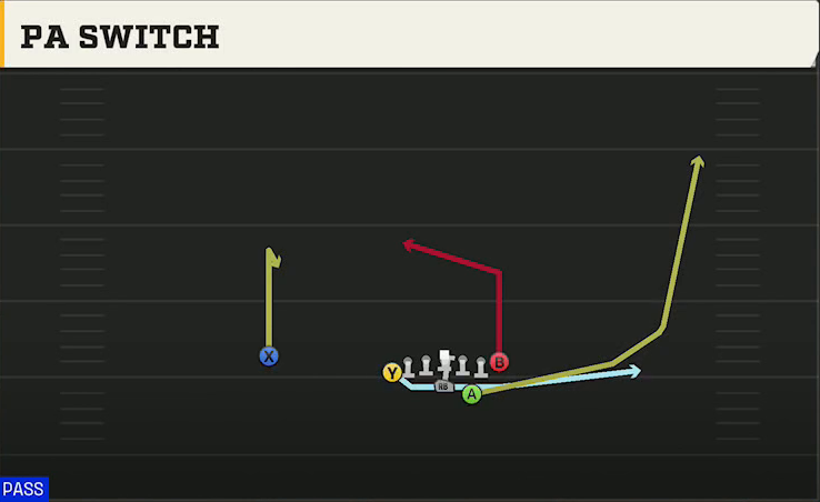 Option (Alternate Offense) Wingbone Split Wing X PA Switch play diagram